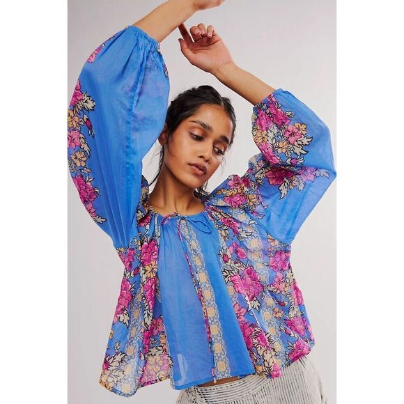Free People Elena Blouse Top Sapphire Combo Blue Floral Boho Women’s M NEW - Picture 1 of 5